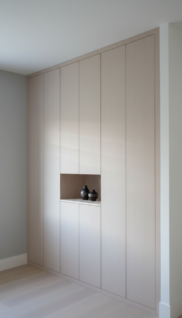 A made-to-measure, floor-to-ceiling wardrobe system constructed from light ash wood veneer, featuring flawless, handleless doors with ultra-smooth, satin-matte surfaces. The wardrobe is perfectly integrated into the corner of a freshly renovated, minimalist interior, bordered by subtle skirting and a pale gray accent wall. Cool, diffused daylight streams through an unseen window, casting soft, horizontal shadows along the cabinet fronts. The mood is calm, inviting, and meticulously organized. Captured from a slightly elevated angle, the composition follows the rule of thirds, emphasizing the structured layout and harmony between materials. This photographic image conveys clean lines, balanced geometry, and a distinctly professional and transparent approach to bespoke furniture design.